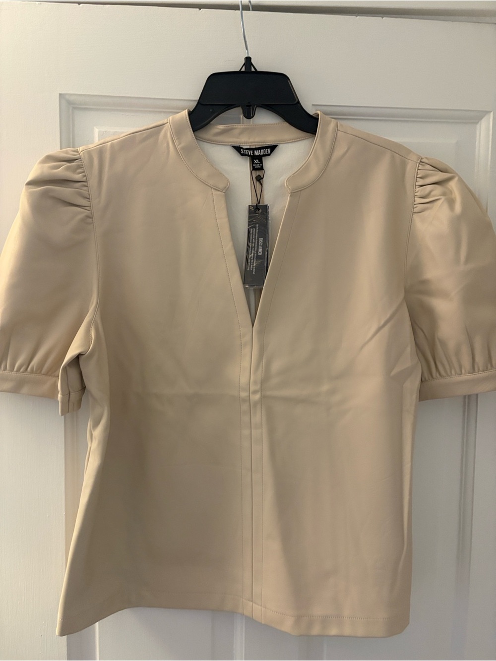 Steve Madden Beige Short-Sleeve Puff Faux Leather Top
